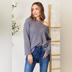 NEW*-Basic Bae Waffle-Knit Round Neck Long Sleeve Slit Sweatshirt OFFERS WELCOME